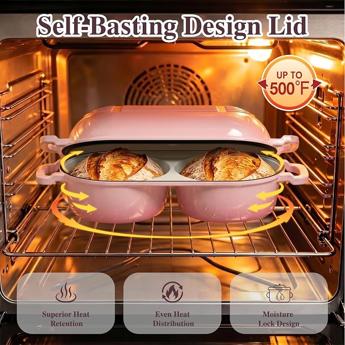 Umite Chef Dutch Oven for Sourdough Bread Baking – Enamelled Cast Iron Bread Loaf Pot – 500°F Oven Safe– Double Round Loaf Space, 16.5“ Diameter, 5" Banneton Proofing Baskets & Cotton Potholders(Pink)