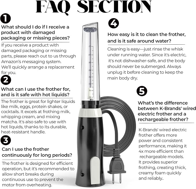 K-Brands Corded Electric Milk Frother with Plug in - Handheld Electric Whisk Stirrer Whipper - Foam Maker for Coffee, Latte, Cappuccino, Hot Chocolate – Powerful Drink Mixer