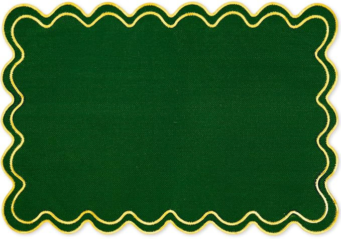 Whaline Green Linen Placemats Embroidered Scalloped Kitchen Place Mats for Birthday Party Home Dining Table Decor, Set of 6, 13 x 19 in