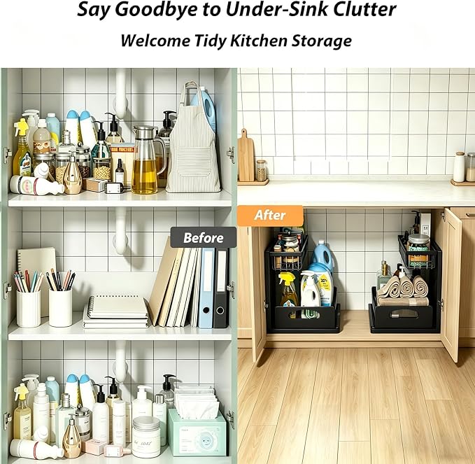 2 Pack Upgraded Under Sink Organizer, 2 Tier Pull out Kitchen Cabinet Organizer Metal Slide out Bathroom Organizers and Storage Makeup Drawer Organizer for Office Bedroom Restroom Living Room, L-Black