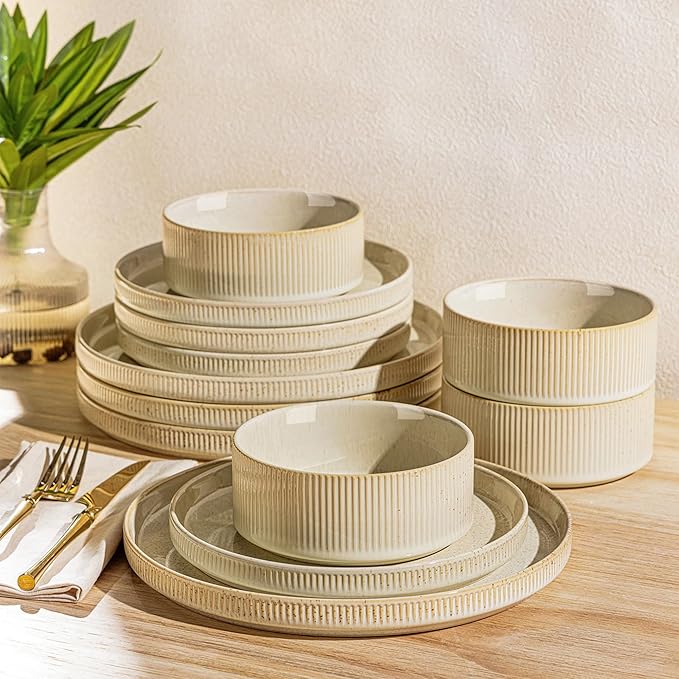 Ceramic Dinnerware Set for 4, 12-Piece Plates and Bowls Set | Lightweight Porcelain Dish Set, Scratch Resistant, Oven & Microwave & Dishwasher Safe, Cappuccino