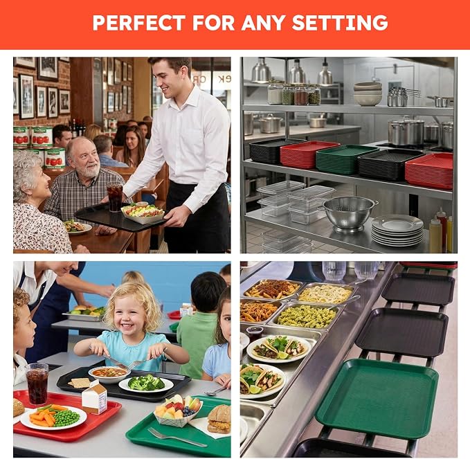 6 Pack Fast Food Serving Trays with Side Handles, 17" x 12" Commercial Cafeteria Plastic Trays, Stackable for Restaurants, Cafés & High-Traffic Dining Environments, Green