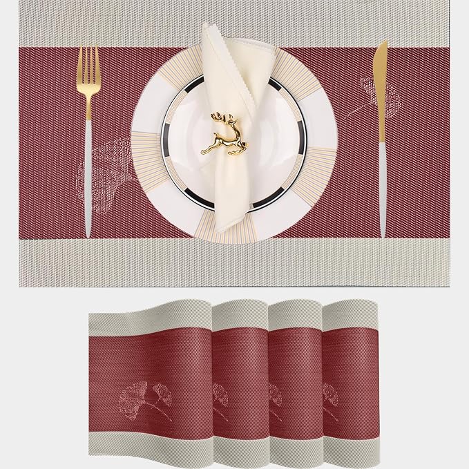 PIGCHCY Ginkgo Placemats Set of 4, Non-Slip Placemats Easy to Wipe Clean Kitchen Durable Table Mats for Home/Dining Room Decoration (Red,18 X 12 inches)