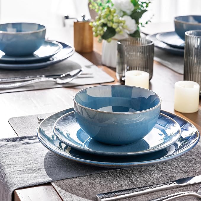 GBHOME Dinnerware Sets for 6, 24 Pieces Ceramic Plates and Bowls Set | Scratch Resistant Stoneware Dishes Set, Dishwasher & Microwave Safe, Reactive Glaze-Blue