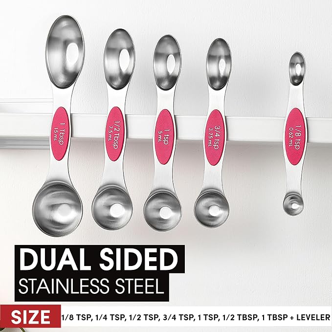 Spring Chef Dual Sided Magnetic Measuring Spoons Set of 8 for Kitchen, Pink | Stainless Steel Teaspoon & Tablespoon Measuring Spoons with Leveler for Dry & Liquid Ingredients, Nesting, Dishwasher Safe