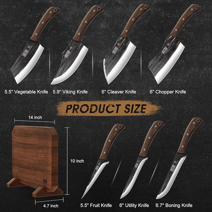 HOSHANHO 8PCS Butcher Kitchen Knife Set, Sharp Magnetic Knife Block Set | Hand Forged High Carbon Stainless Steel Chef Knives Set with Meat Cleaver Knife & Bone Chopper Knives Gift for Men