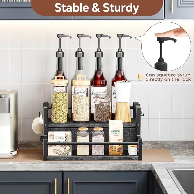Homeiju Coffee Syrup Organizer Rack, 2-Tier Bottle Coffee Bar Accessories | Holder Stand with K Cup Storage Drawer for Coffee bar, Wine Rack , Storage Shelves for Syrup. (Black)