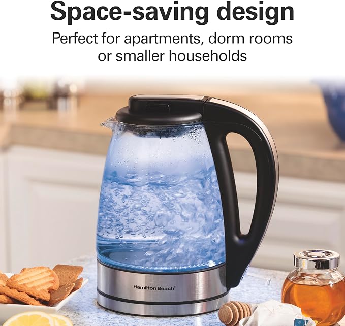 Hamilton Beach 1 Liter Electric Tea Kettle, Water Boiler & Heater | Fast Boiling 1500 Watts | BPA Free | Cordless Serving | Auto-Shutoff & Boil-Dry Protection | Blue LED | Clear Glass