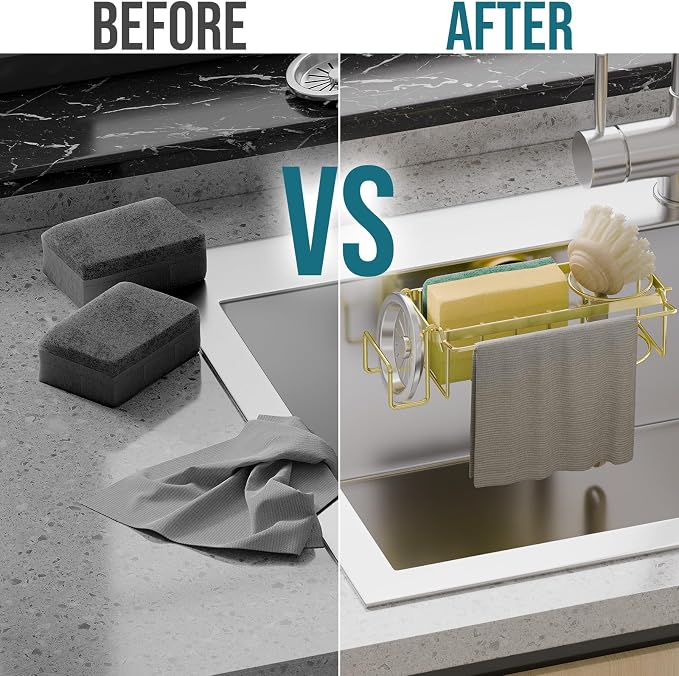 TAILI 4-in-1 Sponge Holder for Kitchen Sink with Strong Suction Cup-Gold | Removable Rustproof 304 Stainless Steel Multi-compartment Sponge Holder with Suction Cup, Keeps Brushes & Scrubbers Tidy