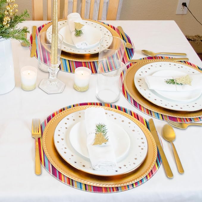 Bright Colorful Striped Round Placemats Set of 6, 12x18 Inch Mexican Rainbow Colored Geometric Pattern Table Mats for Holiday Party Kitchen Dining Room Decoration
