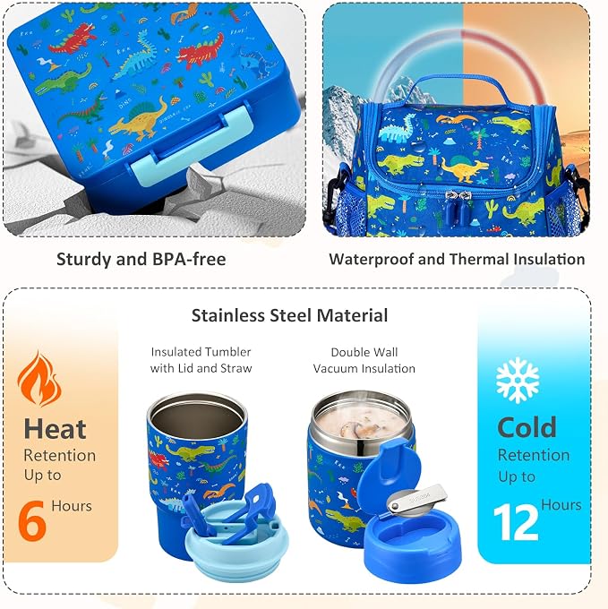Pawtong Lunch Box Set with Bento Box Container, 17OZ Stainless Steel Food Soup Thermo, Kids Water Bottle & Portable Insulated Lunch Bag, Leakproof, Hot/Cold Retention for School, Travel (Dinasour)