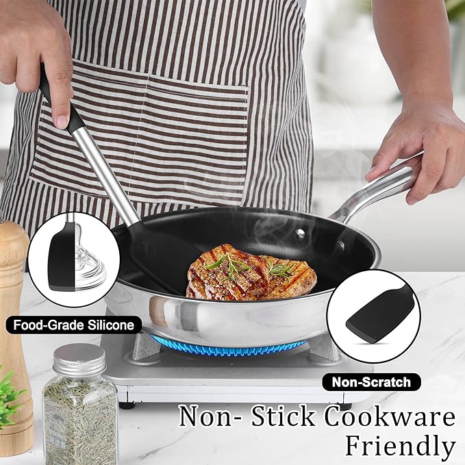TeamFar Cooking Utensils Set, 5 PCS Silicone Kitchen Utensils, Black | Stainless Steel Handle, for Nonstick Cookware Flipping Frying Turning Draining, Heatproof & Healthy, Nonstick & Easy Clean