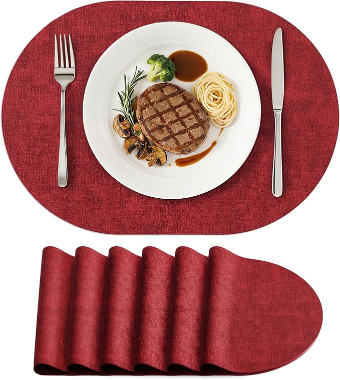 Placemats Set of 6, 11.8 x 17 Inch, Red | Heat Resistant Oval Faux Leather Place Mats, Waterproof Wipeable Reversible PU Placemat, Indoor & Outdoor