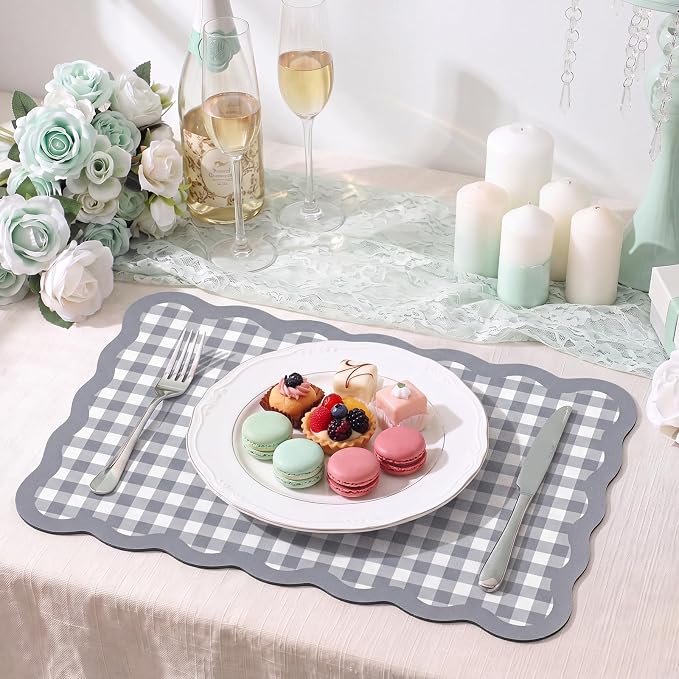 Gray Scalloped Gingham Coffee Mat 12" x 20" Absorbent Bar Mat | Gingham Espresso Matt with Non Slip Rubber Backing for Coffee Countertops