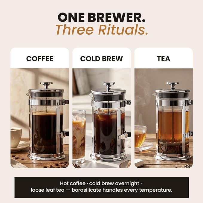 EzDtach French Press Coffee Maker 34oz Chrome – Borosilicate Glass Pot | 304 Grade Stainless Steel French Press, Double Filter and 2 Extra Screens for Rich, Full-Bodied Flavor at Home or Office
