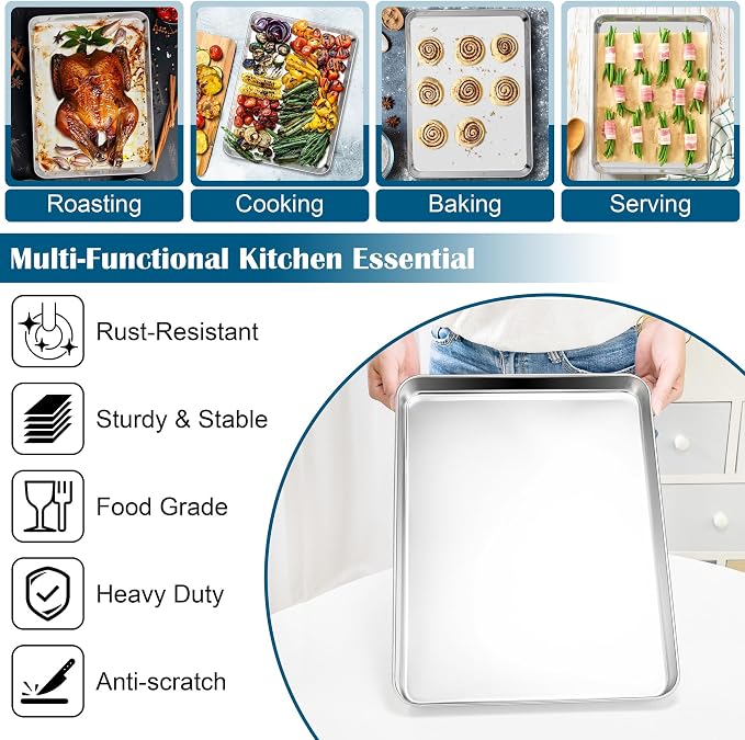 E-far Half Baking Sheet with Wire Rack, Stainless Steel 2 Pans + 2 Racks | 18 x 13 Inch Cookie Sheets Pan & Cooling Rack for Baking Cookies Cake, Non Toxic & Heavy Duty, Oven & Dishwasher Safe