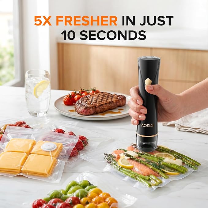 Handheld Vacuum Sealer for Food with Visible Liquid Tank | Compact Powerful Food Vacuum Sealer Machine with 10 Reusable Bags, Seal Meal Saver, Portable & Wireless, Black
