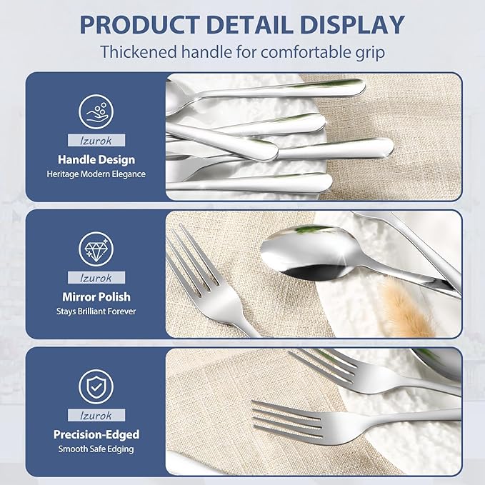 32-Piece Forks and Spoons Set, Premium Stainless Steel Silverware, Mirror Polished & Dishwasher Safe, Food Grade Cutlery Set for Home, Kitchen, Restaurant, Party Use（16 Forks and 16 Spoons）