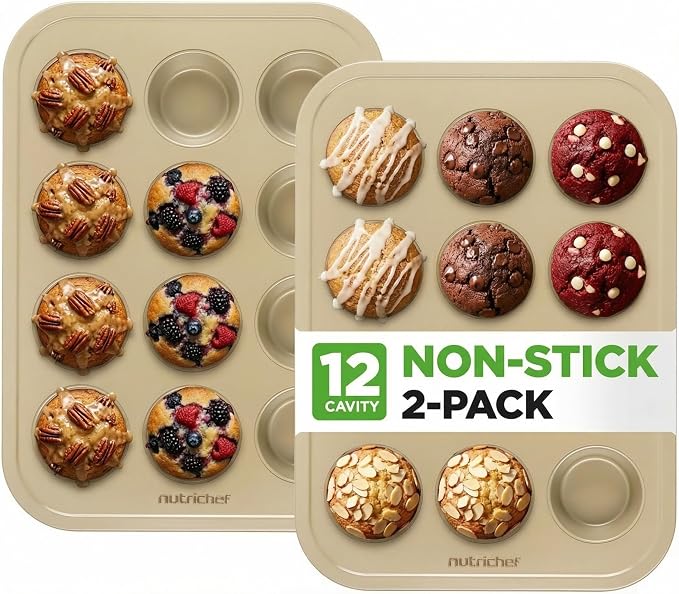 NutriChef Muffin Pans for Baking 2-Pack | Nonstick 12 Mold Cupcake Tins | Carbon Steel Stackable Cup Cake Trays | Dishwasher & Oven Safe | Includes 100 Parchment Paper Liners | 13 x 10 x 1 | Gold