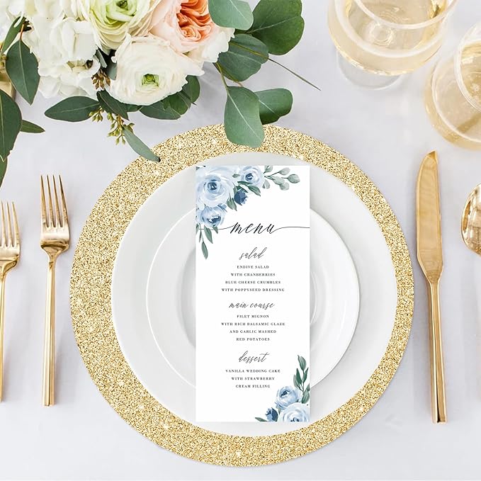 50PCS Light Gold Paper Placemats Disposable 13.4 Inch Shiny Golden Place Mats Round Decorative Glitter Table Mats for Birthday Wedding Holiday Party Decor Sparkle Dining Tableware
