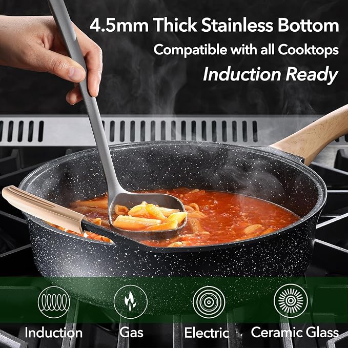 Nonstick Deep Frying Pan with Lid, 5.3 QT Swiss Granite Coating Sauté Pan, 13 Inch Healthy Non Stick Skillet Cooking Pan and Helper Handle with Silicone Cover, PFOA Free, Induction Ready.