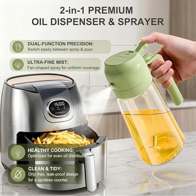 Pure Future 2-in-1 Olive Oil Sprayer for Cooking - 16oz/470ml Glass Oil Dispenser Bottle with Portion Control, Refillable Mister for Air Fryer, BBQ, Salad, Grilling, Food-Grade & BPA-Free (Green)