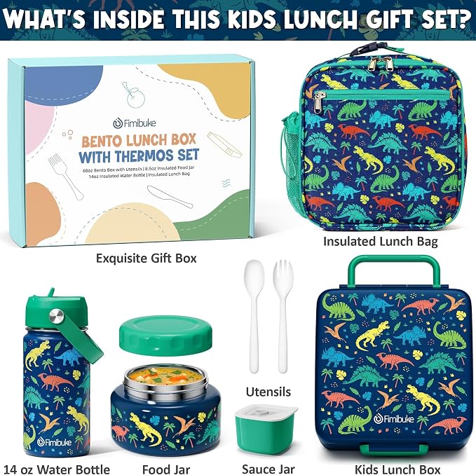 Fimibuke Bento Box for Kids Adult - Leakproof 3-4 Compartments Lunch Bento Box Set with Insulated Food Jar, Water Bottle, Lunch Bag, Sauce Cup & Cutlery for Toddler Teen Shcool Girl Boy Age 3+