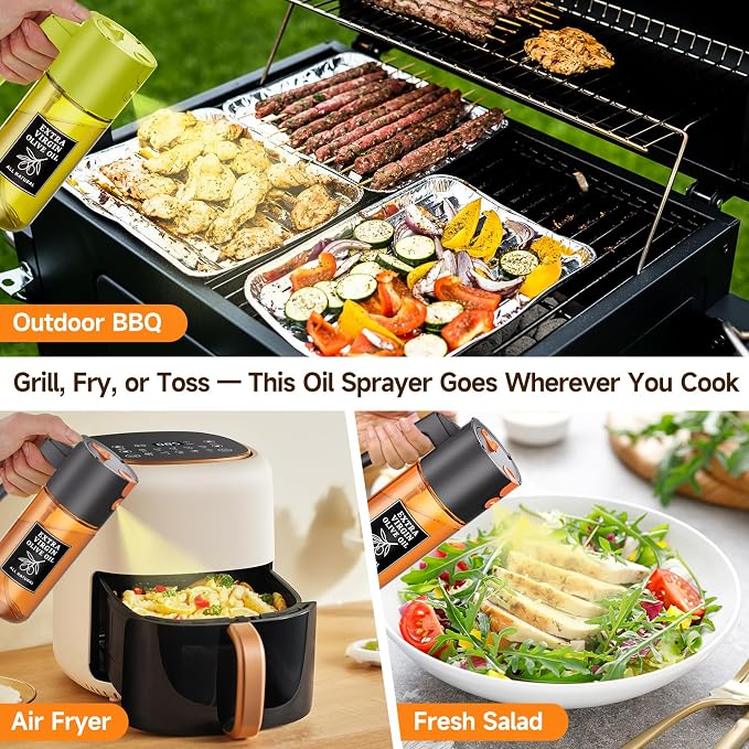 2-Pack 2-in-1 Oil Sprayer & Dispenser Dark Glass Fine Mist No-Drip | Two 500ml dark glass bottles for BBQ, salad, outdoor meals, oil & vinegar; food-safe, 304 filter, wide-mouth refill/cleaning.