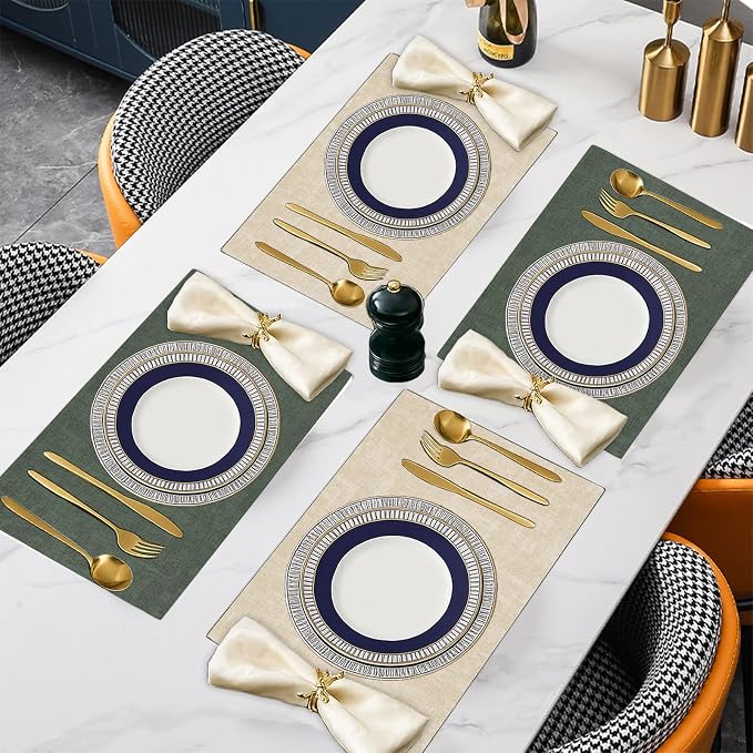Leather Placemats Table Mats Set of 6, Dark Green and Beige | Reversible Non-Slip Table Placemats, Heat-Resistant and Waterproof for Dining Kitchen and Holiday Parties