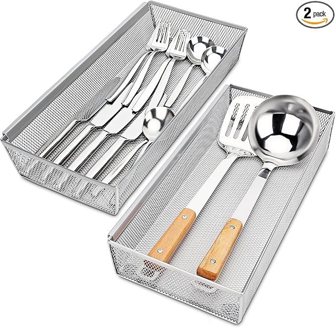 Flatware Organizer with Interlocking Arm (Grey) - 2 Pack 14.7" X 6.1" X 2" Utensil Drawer Organizer