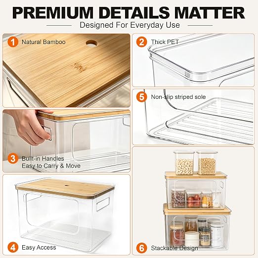 Trash Bag Organizer Under Sink Storage, 4 Piece Stackable Clear Storage Bins with Bamboo Lids, Fits 13/30/33 Gallon Bags, Organizer for Laundry Pods, Dishwasher Pods, Kitchen Pantry