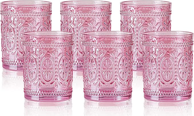 Darlion Vintage Glassware, Pink Drinking Glasses, 10oz Pink Glass Cups | Food Grade Glass, Lead-Free Glass, Durable&Sturdy, Vintage Decoration