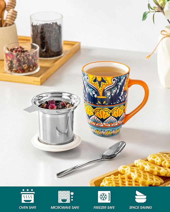 vancasso 18 Oz Tea Infuser Mug with Lid, Amber Iris Bloom | Eye-Catching Bohemian Pattern, Adds Charm to Any Tea Corner, Ceramic Mug with Infuser, Microwave and Dishwasher Safe