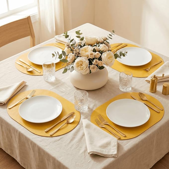 Artoid Mode Yellow Faux Leather Oval Placemats Set of 6, 12 x 18 Inch Waterproof Wipeable Heat Resistant Vinyl Place Mats, Reversible Table Mats for Kitchen Dining Decor