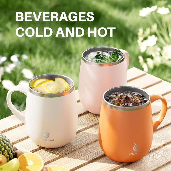 Ideus 16 oz Insulated Coffee Mug with Handle and Lid, Double Wall Stainless Steel Vacuum Thermal Coffee Mug, Travel Coffee Cup Thermal Cup for Home and Office, White