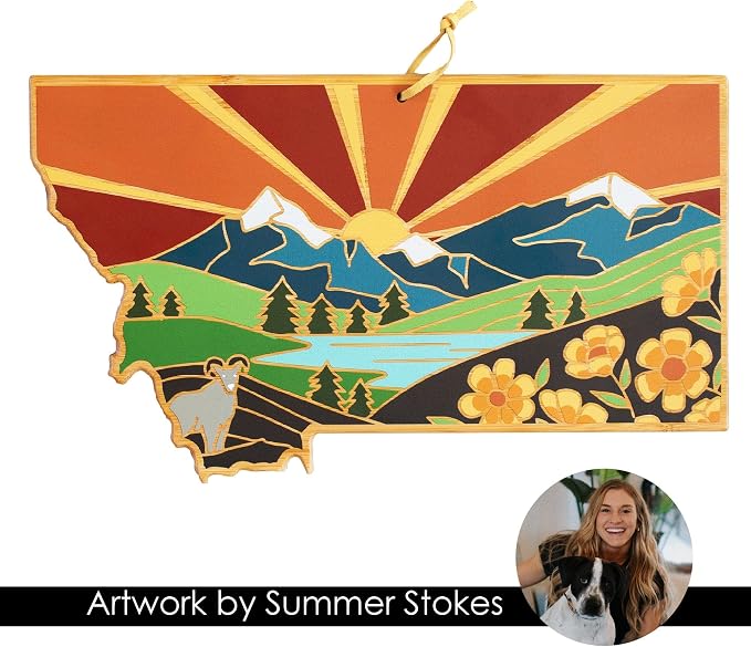 Totally Bamboo Montana State Shaped Cutting Board, Summer Stokes Art | State charcuterie board with colorful hand-drawn landscape art. Smooth reverse side for food prep. Hang tie for wall display.