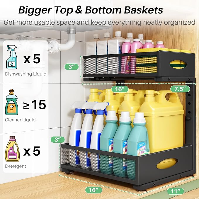 Under Sink Organizer, 1-Pack Pull Out Cabinet Organizer 2 Tier Metal Slide Out Storage Shelf Rack, L-Shaped Adjustable Height,Mesh Sliding Drawer for Kitchen, Bathroom, Laundry, Pantry, Black, XL