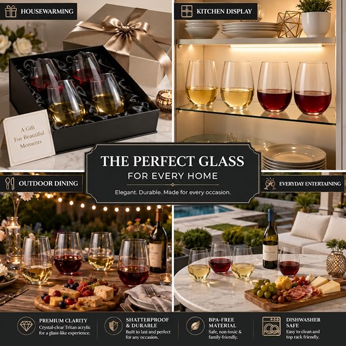 Khen Unbreakable Stemless Acrylic Plastic Drinkware Glasses, Shatterproof 100% Tritan Glasses | 4 Set | 15oz Wine Glassware, Dishwasher-Safe, BPA-free - Indoor & Outdoor, Clear Color