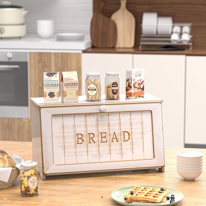 Vintage Bread Box for Kitchen Countertop, Retro Design Bread Storage Container, Farmhouse Wooden Counter Breadbox, Small Bamboo Bread Bin Holder for Homemade Bread, White