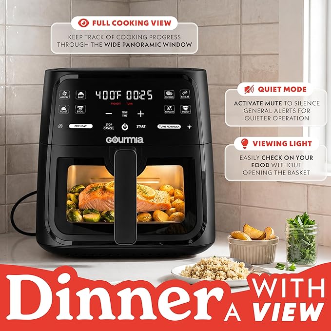 Gourmia 8 Qt Air Fryer, 8 Presets with Digital Display, FryForce 360° Technology, Easy View Window & Interior Light, Dishwasher Safe Basket, Black