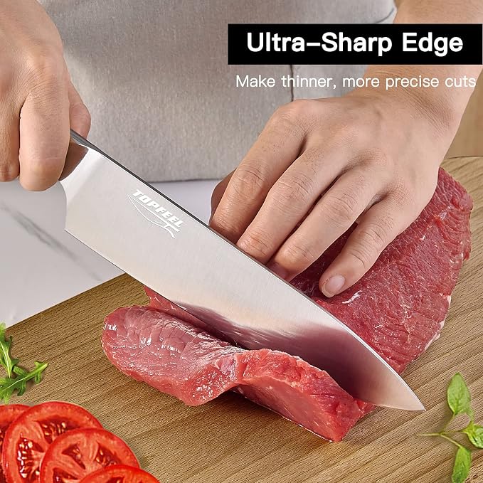 Topfeel 3PCS Chef Knife Set, German High Carbon Steel | Includes 8" chef, 7" santoku & 5" utility knives. Precision forged with full tang. Premium gift packaging for cooks