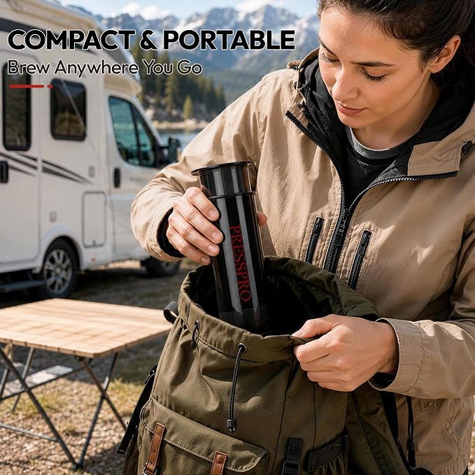 Camping French Press - Portable Coffee Maker for K Cup Pods and Grounds | Mini Coffee Press with No Grit Filter,Paper-Free Brewing,Less Bitterness & More Flavor,Camping Essentials,Hiking or Travel