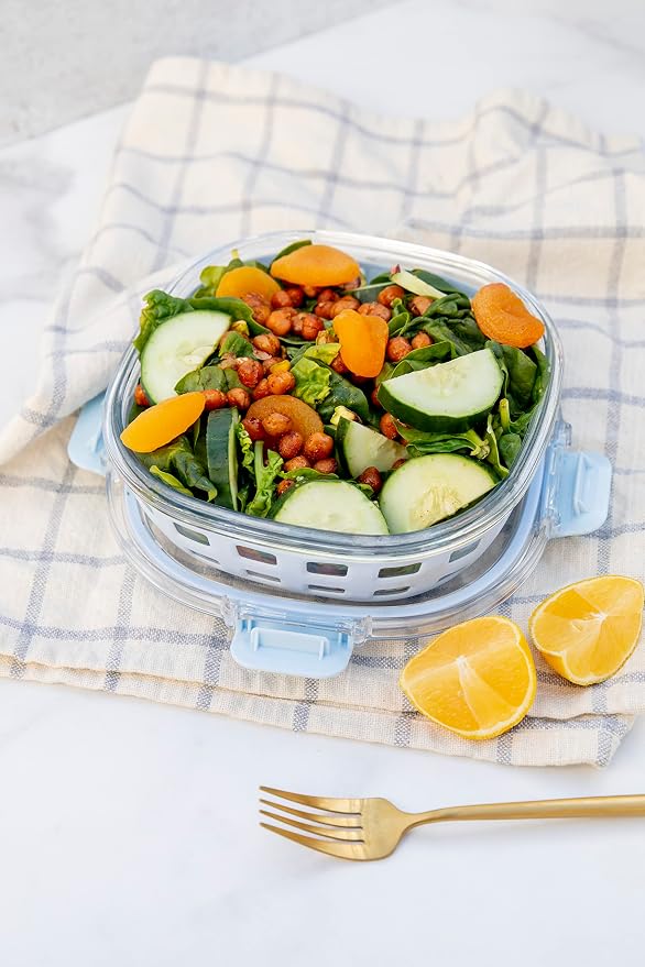 Ello DuraGlass Food Storage Glass Lunch Bowl Container - Meal Prep Container with Silicone Sleeve and Airtight Lid, 5 Cup, Blue | Leakproof glass meal prep salad bowl. BPA-free lid, silicone sleeves, great for meal prepping, food storage, and leftovers.