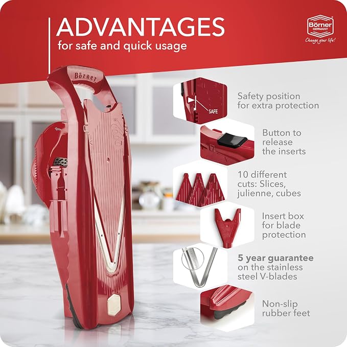 Mandoline Food Slicer Börner V5 (Starter Set) by Reston Lloyd • V-Slicer with Food Holder • Made in Germany • Fruit & Vegetable Chopper • Multiple Settings • Color: Red