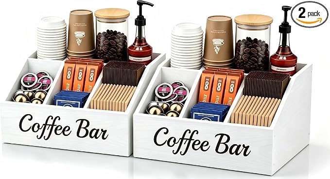 2 Pack Coffee Station Organizer for Countertop – Wooden Coffee Bar Organizer with Adjustable Dividers,Holds K Cup Pod & syrup bottles, for Kitchen, Office, or Bar and Tea Station, White