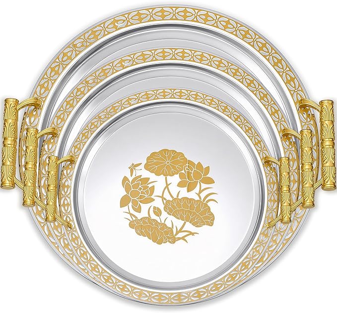 3 Pack Metal Serving Trays with Handles, Decorative Floral Platter Trays for Coffee Tea, Food, Dessert, Jewelry, for Buffet Wedding Party Kitchen Home Decor(Cute,Silver, Gold)