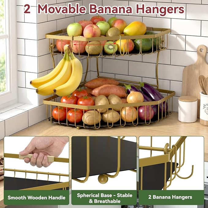 2 Tier Fruit Basket for Kitchen Counter with 2 Banana Hangers for Corner | Detachable Metal Fruit Bowl with Wooden Handle, Large Capacity Fruit Stand for Bread Fruit and Vegetable Storage, Gold