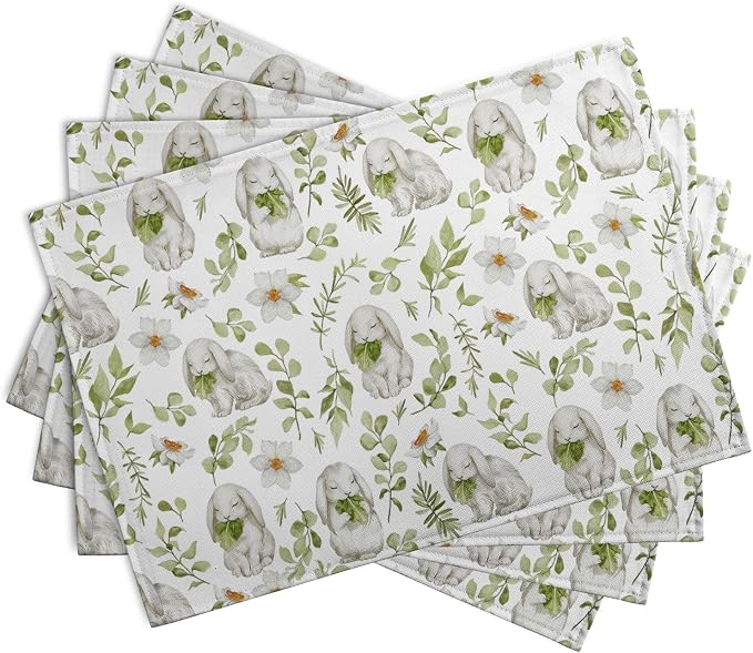 Easter Bunny Rabbits Placemats Set of 4 Easter Spring Green Leaves Flroal Dining Table Placemats 12x18 Inch Heat Resistant Washable Table Mats for Kitchen Dining Holiday Indoor