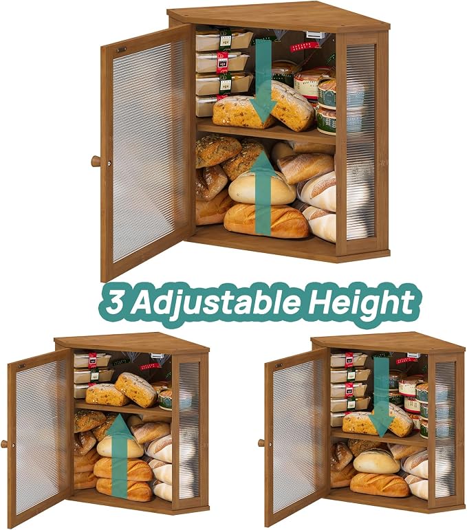 viewcare Corner Bread Box for Kitchen Counter, Bamboo Wood Large Capacity Bread Storage Bin with Acrylic Wavy Door Panel (Brown, Extra Large)