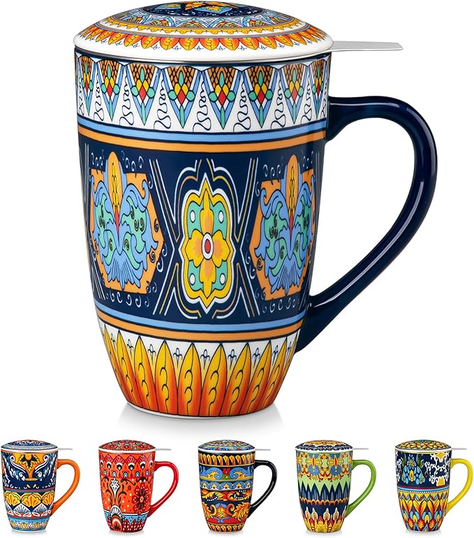 vancasso 18 Oz Tea Infuser Mug with Lid, Forest Daisy Drift | Eye-Catching Bohemian Pattern, Adds Charm to Any Tea Corner, Ceramic Mug with Infuser, Microwave and Dishwasher Safe